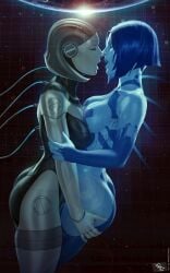 2girls blue_hair blue_skin cortana crossover edi grabbing_ass gray_hair grey_skin halo_(series) mass_effect multiple_girls themaestronoob yuri