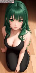 ai_generated ai_hands anime anime_style big_breasts black_bra black_clothing black_leggings black_shirt black_top bra breasts female female_human female_only girl girls green_eyes green_hair leggings long_hair on_knees only_female only_girl shirt soli_sketch trousers view_from_above viewed_from_above