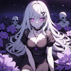 1girls ai_generated breasts choker cleavage dress gothic heart medium_breasts poizie purple_eyes sad seductive seductive_look simple_background skull synthetic_poison white_hair white_skin