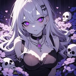 1girls ai_generated breasts choker cleavage dress goth gothic heart heart_necklace medium_breasts necklace poizie purple_eyes sad seductive seductive_look simple_background synthetic_poison white_hair white_skin