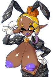 1girls alternate_breast_size areola big_breasts blonde_hair bow_tie breasts brown_areola brown_body brown_nipples bunnysuit clothing costume dark_skin ear_piercing fake_ears fake_rabbit_ears female female_only fish frye_(splatoon) hi_res humanoid inkling latex looking_at_viewer lovelasu necktie nintendo nipples pupils purple_hair reverse_bunny_costume reverse_bunnysuit splatoon splatoon_(series) splatoon_3 unusual_pupils yellow_eyes