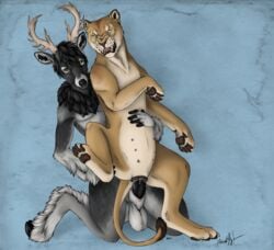 2015 anatomically_correct anatomically_correct_pussy animal_genitalia anthro anthro_on_feral antlers balls cervine claws cum cum_in_pussy cum_inside deer duo ear_tag erection feline female feral fluff fur furry hair hindpaw horn interspecies jb_greymane krimzen_redwing lion lioness male mammal nipples nude on_top open_mouth pawpads paws penetration penis plain_background predator/prey presenting pussy reverse_cowgirl_position sex snarling spread_legs spreading straight teats toes tongue vaginal_penetration zoophilia