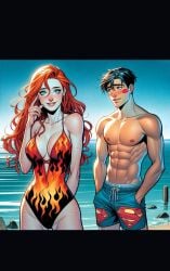 1boy 1girls abs ai_generated angelica_jones beach biceps blushing boxers_(clothing) cheating_boyfriend dc dc_comics female firestar_(marvel) handsome jon-el jonathan_kent lipstick_mark male marvel marvel_comics muscular muscular_male nipples original_character red_hair stud superboy superboy_(jonathan_kent) trunks_(clothing) underwear