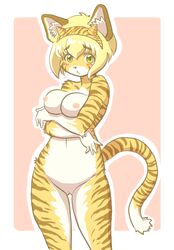 2015 anthro black_nose blonde_hair blush breasts feline female fur green_eyes hair headband kin-shun looking_at_viewer mammal nipples nude orange_fur pussy solo tiger