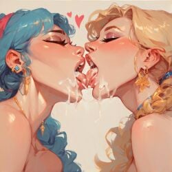 2d 2girls ai_generated blonde_hair blue_hair closed_eyes cum_in_mouth cum_kiss cum_on_tongue cum_swap female_focus french_kiss french_kissing jewelry kissing l light-skinned_female light_skin naked_female stable_diffusion tongue_kiss tongue_kissing tongue_out