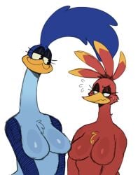 2024 2024s 2d 2d_(artwork) 2d_artwork 2girls anthro avian avian_girl banjo-kazooie beak bird bird_girl black_eyes blue_body blue_feathers breasts eyelashes feather_hair feathers female female_focus female_only furry furry_female green_eyes hair hi_res kazooie looking_at_another looking_at_viewer looney_tunes red_body red_feathers road_runner_(looney_tunes) roadrunner rule_63 simple_background smile smiling smiling_at_viewer soft_feathers solo solo_female solo_focus sssonic2 sweat sweatdrop tagme warner_brothers yellow_beak