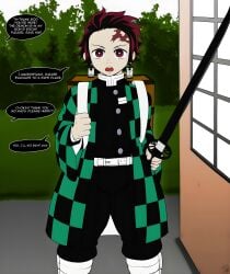 1boy absurd_res ajaycolor balls blackwhiplash blush bwl clothed clothing color color_edit colored demon_slayer dialogue edit english_text fully_clothed haori high_resolution kamado_tanjirou kimetsu_no_yaiba light-skinned_male long_hair long_image looking_at_viewer male male_focus male_only offscreen_character short_hair solo solo_focus solo_male speech_bubble standing sword text very_high_resolution