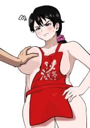 1girls angry annoyed apron apron_only big_breasts black_hair bleach breast_grab brown_eyes grabbing_breasts hair_ornament hand_on_hip ikumi_unagiya milf naked nude oeoeoe offscreen_character one_breast_out ponytail sideboob thick_thighs thighs