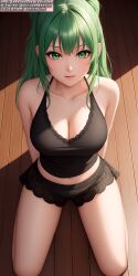 ai_generated ai_hands anime anime_style big_breasts black_bra black_clothing black_short_shorts black_shorts bra breasts female female_human female_only girl girls green_eyes green_hair long_hair on_knees only_female only_girl shorts soli_sketch view_from_above viewed_from_above