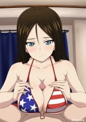 1boy american_flag american_flag_bikini american_flag_print bikini blue_eyes breasts breasts_squeezed_together brown_hair censored closed_mouth collarbone curtains female flag_print girls_und_panzer inoshira large_breasts long_hair looking_at_viewer mosaic_censoring nonna nonna_(girls_und_panzer) paizuri paizuri_under_clothes penis pov pov_crotch print_bikini smile solo_focus straight straight_hair swimsuit