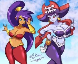 2girls alternate_breast_size big_breasts breasts clothed clothing female female_only hat risky_boots shantae shantae_(character) striderdogart voice_actor_connection