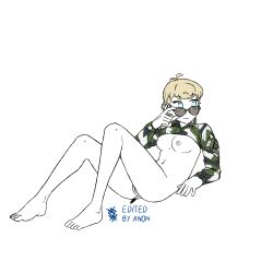 blonde_hair blue_eyes blush camouflage edited feet functionally_nude functionally_nude_female glasses military_uniform ostwindprojekt_(artist) pen_in_ass