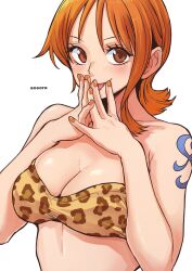 1girls 2d aosora arm_tattoo artist_name big_breasts bikini_top blush brown_eyes cleavage female female_only ginger ginger_hair hands_on_face hands_together leopard_print leopard_print_bra light-skinned_female light_skin nami nami_(classic) one_piece orange_hair orange_nails painted_fingernails painted_nails pre-timeskip shadow shoulder_tattoo simple_background solo sticking_out_tongue tattoo tongue_out white_background