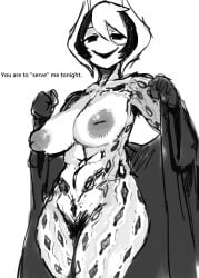 big_breasts body_markings creepy_smile english_text female female_only inverted_nipples large_areolae looking_at_viewer made_in_abyss mdthetest monochrome nude ozen pubic_hair puffy_nipples sagging_breasts short_hair sketch smile solo two_tone_hair undressing