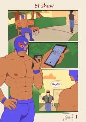 2024 afternoon bag bracelet brawl_stars buster_(brawl_stars) chat chat_box clothed clothed_male comic comic_page dialogue el_primo_(brawl_stars) english_dialogue english_text gay hi_res mask masked_male nipples page_1 public shirtless sitting sitting_on_chair spanish_dialogue spanish_text sunset supercell text text_box text_bubble tree video_games