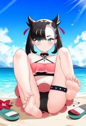 1girls ai_generated beach bikini choker day daytime foot_fetish marnie_(pokemon) nai_diffusion pokemon pokemon_masters pokemon_ss sandles soles summer_marnie_(pokemon_masters)