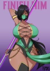 angry angry_face arms_behind_back big_breasts black_hair dark-skinned_female dark_skin green_eyes huge_breasts hyper_thighs ilustretsspoks jade_(mk9) jade_(mortal_kombat) massive_thighs mortal_kombat mortal_kombat_(2011) muscular thunder_thighs weapon