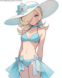 1girls bikini blonde_hair blue_bikini blue_eyes bow cleavage flower hair_over_one_eye itzah light-skinned_female light_skin mario_(series) medium_breasts nintendo patreon_username princess_rosalina sun_hat swimwear