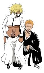 1boy 1girls big_breasts bleach blonde_hair dark-skinned_female embarrassed eyeless gloves green_eyes hole hole_(anatomy) hole_in_stomach ichigo_kurosaki light-skinned_male looking_back mouth_covered mouth_mask oeoeoe orange_hair thighs through_body tia_harribel underboob v worried