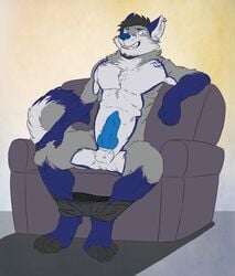 1boy anthro arcticlion beard boxers briefs canine clothing darkfawks facial_hair fox foyote knot male male_only mammal penis sitting sofa solo underwear