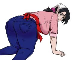 1girls apron ass back_view big_ass big_breasts black_hair brown_hair embarrassed fell_down hair_ornament hanging_breasts jeans looking_back milf on_all_fours ponytail solo_focus thick_thighs