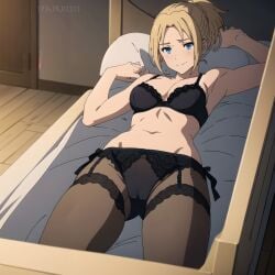 1female 1girls ai_generated ai_hands armpits bed bedroom big_breasts blonde_hair blue_eyes bra breasts commentary_request english_commentary female female_only hi_res highres laying_on_back laying_on_bed light-skinned_female lingerie milf mushoku_tensei panties solo solo_female spairk1313 tied_hair very_high_resolution zenith_greyrat