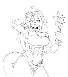 1girls abs android_21 arabian_clothes athletic_female belly_button black_and_white donut dragon_ball dragon_ball_fighterz dragon_ball_z energy fit_female harem_outfit jewelry long_hair looking_at_viewer magic majin_android_21 medium_breasts muscular_arms muscular_female navel pencil_(artwork) pointy_ears six_pack tail zquung