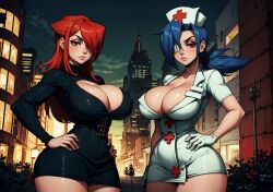 2girls ai_generated bare_thighs blue_hair cowboy_shot cropped_legs curvy dark_blue_hair female female_only front_view hands_on_hips hips hourglass_figure lips long_hair looking_at_viewer makimass_ai minidress navy_blue_hair nurse_cap parasoul pink_lips red_hair skullgirls standing thighs upper_body valentine_(skullgirls) video_games