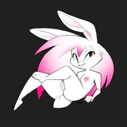 abstract_background anthro bedroom_eyes breasts female fur furry furry_only hair lagomorph lying mammal nipples nude on_back piercing pussy rabbit solo supine tail white_fur xylas