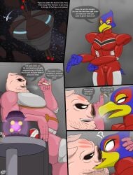 anthro arwing avian belly big_belly bird blue_body blue_fur blush chubby_male ciger comic dialogue domestic_pig duo falco_lombardi fat fur hi_res kissing male male/male male_only mammal nintendo pigma_dengar pink_body pink_skin pizzaozzy pizzaozzy_(artist) size_difference spacesuit star_fox suid suina sus_(pig) text yaoi