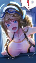 blonde_hair large_breasts long_hair nutaku ponytail project_qt stuck stuck_in_window swimsuit winni_(project_qt)