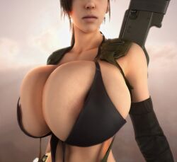 1girls 3d 3d_(artwork) alternate_breast_size areola_slip areolae areolae_slip bikini bikini_top black_bikini black_bikini_top breasts breasts_bigger_than_head brown_hair cleavage dark_hair enormous_breasts female female_only female_solo huge_breasts human human_female human_only metal_gear metal_gear_solid metal_gear_solid_v midriff motion_blur quiet_(metal_gear) shoulder_strap skimpy_clothes solo solo_female straps suspenders uncontainable_breasts upper_body vaako