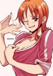 1girls airing_out aosora artist_name blush cleavage fanning_face fanning_self female female_only light-skinned_female light_skin medium_breasts nami one_eye_closed one_piece open_mouth orange_hair pre-timeskip pulling_shirt_down shirt solo upper_body