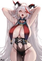 1girls aegir_(azur_lane) ai_generated azur_lane breasts cleavage female horns huge_breasts light-skinned_female light_skin long_hair mocase naughty_face revealing_clothes simple_background stable_diffusion thick_thighs white_hair wide_hips