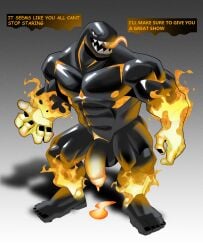 absurd_res after_transformation anthro bodily_fluids bullet_bill cum elemental_manipulation fire fire_manipulation genital_fluids genitals half-erect hi_res humanoid latex lava lava_cum male male_only mario_(series) muscular muscular_anthro muscular_male my_hero_academia nintendo nomu penis sharp_teeth solo symbiote taurodin teeth tongue tongue_out unusual_bodily_fluids unusual_cum unusual_genital_fluids