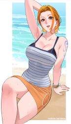 1girls arm_tattoo armpits bra bra_cups_sticking_out bracelet brown_eyes busty cleavage exposed_bra female female_only light-skinned_female light_skin nami one_piece orange_hair orange_nail_polish painted_fingernails painted_nails patreon_username pre-timeskip short_skirt skirt sweat tank_top tattoo thighs tight_clothing uukkaa