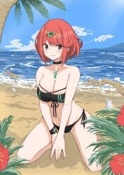 1girls aotsuba beach bikini black_bikini black_swimsuit breasts choker clouds core_crystal earrings kneeling large_breasts looking_at_viewer midriff navel nintendo ocean outside palm_trees pyra red_eyes red_hair short_hair side-tie_bikini side-tie_swimsuit sky swimsuit tiara water xenoblade_(series) xenoblade_chronicles_2