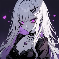 1girls ai_generated breasts choker cleavage dress goth gothic heart heart_necklace medium_breasts necklace poizie purple_eyes sad seductive seductive_look simple_background synthetic_poison white_hair white_skin