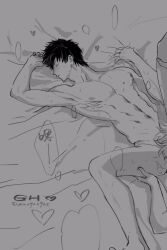 awu925925 completely_nude gay gintama gintoki_sakata hijikata_toshiro implied_oral male male_only monochrome nude on_back on_bed sheet_grab solo spread_legs sweat toned toned_male yaoi