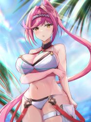 beach bikini breasts clouds core_crystal glimmer_(xenoblade) hairband karuushi large_breasts looking_at_viewer midriff navel nintendo ocean outside pink_hair ponytail sky swimsuit thigh_pouch thigh_strap water white_bikini white_swimsuit xenoblade_(series) xenoblade_chronicles_3 yellow_eyes