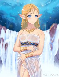 1girls blonde_hair blue_eyes bracelet breasts breath_of_the_wild dress dress_lift koshio koshiosaur long_hair looking_at_viewer necklace night nintendo outside panties princess_zelda see-through see-through_clothing small_breasts starry_sky stars strapless_dress the_legend_of_zelda waterfall wet wet_clothes wet_dress wet_hair wet_panties white_dress white_panties zelda_(breath_of_the_wild)