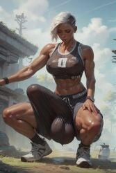 1futa ai_generated athletic big_breasts bulge crouching dark_skin futanari huge_balls huge_penis muscular penis_shaped_bulge santarvengar short_hair stable_diffusion sweat tagme white_hair