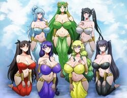 7girls aqua_(konosuba) black_hair blue_hair choujigen_game_neptune cleavage crossover empty_eyes fate/grand_order fate_(series) female female_only green_hair harem harem_girl harem_outfit harem_pants hestia_(danmachi) huge_breasts hypnosis hypnotized ishtar_(fate) kid_icarus kneeling kono_subarashii_sekai_ni_shukufuku_wo! long_hair lucoa lucoa_(maidragon) mind_control miss_kobayashi's_dragon_maid multiple_girls neptunia_(series) noire palutena quetzalcoatl_(dragon_maid) raiden_shogun shinzu031 trait_connection