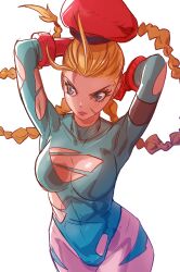 alternate_costume beret blonde_hair blue_eyes cammy_white capcom davecavedraws leotard long_hair military_hat street_fighter street_fighter_alpha torn_clothes