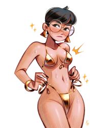 belly bikini black_hair black_nails blush bracelet brown_eyes earrings female friedbaens glasses golden_bikini golden_week midriff shiny_skin short_hair short_hair_female solo sweat sweating thighs triangle_earrings