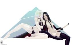 2girls black_hair blue_hair bort_(land_of_the_lustrous) diamond_(land_of_the_lustrous) land_of_the_lustrous leaning_on_person light_skin looking_at_viewer multiple_girls shiny_hair themaestronoob