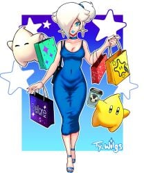 1girls artist_name bimbo blonde_hair blue_dress blue_eyes blue_lipstick choker cleavage coffee curvy earrings light-skinned_female light_skin luma mario_(series) nintendo open_toe_shoes painted_fingernails painted_nails painted_toenails platinum_blonde_hair princess_rosalina purse shopping shopping_bag stars super_mario_galaxy tight_clothing tight_dress ty_wilgs