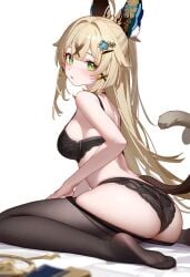 1girls ai ai_generated blonde_hair bra cat_tail catgirl female female_focus female_only genshin_impact green_eyes hourglass_figure hoyoverse kirara_(genshin_impact) light-skinned_female light_skin lingerie long_hair looking_at_viewer lowres medium_breasts pantyhose pantyhose_down pixma side_view sitting sitting_on_floor solo solo_female thong younger_female