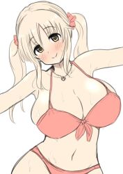 bikini blush breasts_bigger_than_head closed_mouth curvy gigantic_breasts huge_breasts idolmaster idolmaster_cinderella_girls large_hips necklace neoteny slender_waist smile spread_arms totoki_airi wet_skin