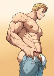 1boy abs absurdres ass bara blonde_hair blue_eyes bulge bulge_lift highres kuroshinki male male_focus male_only male_underwear meme mirio_togata my_hero_academia navel nipples pants pants_lift penis penis_peek shounen_jump smile solo solo_male tagme teeth thong tight_pants_(meme) togata_mirio topless_male underwear white_male_underwear